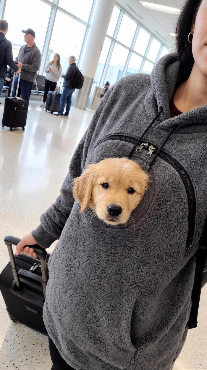 PawPouch pet carrier hoodie with puppy peeking out